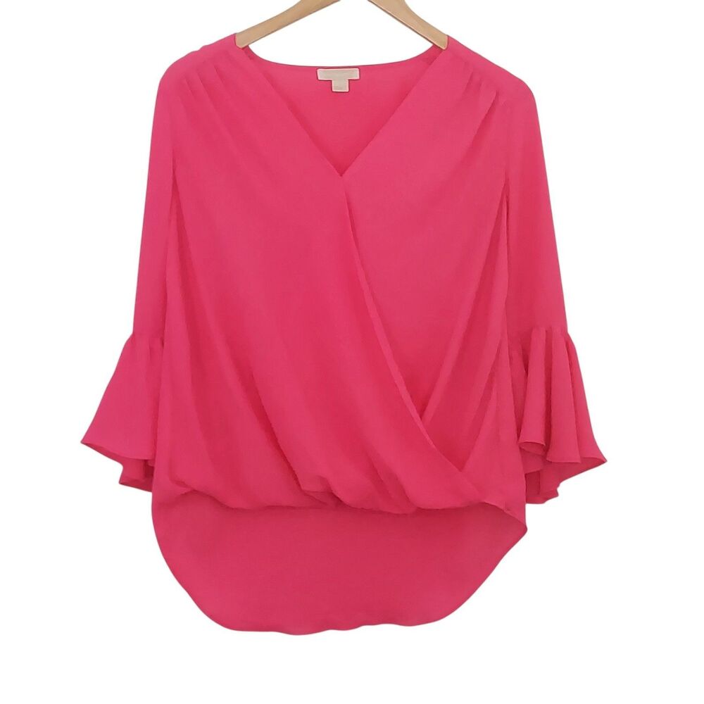 Finn & Grace Neon Pink Blouse Size Small Hi-Low Faux Wrap Top